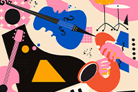 Illustration colorée d'instruments de musique (saxophone, violon, guitare, batterie).