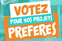 Visuel du budget participatif en couleurs (vert, orange et blanc) sur lequel est écrit "Votez pour vos projets préférés".