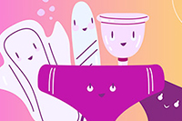 Panel de protections menstruelles (serviette, tampon, cup, culotte menstruelle) sur fond coloré et dégradé (rose orange).